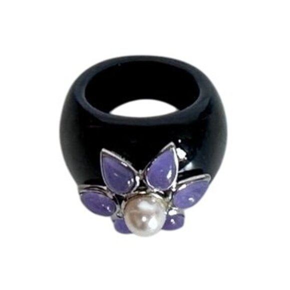 Sterling Silver 925 Onyx Statement Ring w/ Floral Pearl & Amethyst Cabochons  7 - Picture 7 of 13